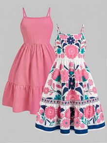 SHEIN Tween Girl Red Spaghetti Strap Girls Clothes 8 To 12 Years Halloween Outfit Fall Style - Pink - View 3