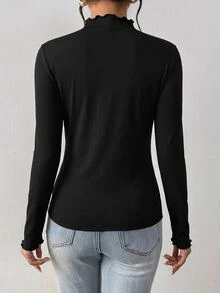 SHEIN Frenchy 女款黑色純色高領修身長袖T恤，秋冬新品，春季高領上衣，推薦秋季內搭 - 黑色 - 查看 3