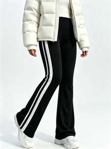 SHEIN Dewbera Autumn/Winter Thermal Lined Thickened Colorblock White And Black Patchwork Sports Essential Low Waist Long Pants Gym Running - Black - View 7