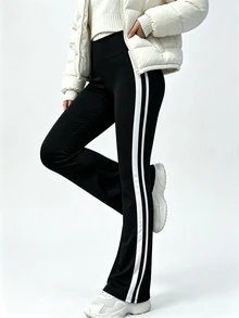 SHEIN Dewbera Autumn/Winter Thermal Lined Thickened Colorblock White And Black Patchwork Sports Essential Low Waist Long Pants Gym Running - Black - View 3