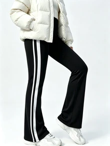 SHEIN Dewbera Autumn/Winter Thermal Lined Thickened Colorblock White And Black Patchwork Sports Essential Low Waist Long Pants Gym Running - Black - View 6