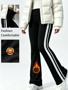SHEIN Dewbera Autumn/Winter Thermal Lined Thickened Colorblock White And Black Patchwork Sports Essential Low Waist Long Pants Gym Running - Black - View 1
