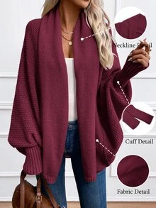 SHEIN LUNE Women's Casual Solid Color Batwing Sleeve Cardigan, Autumn/Winter - Red Violet - View 3