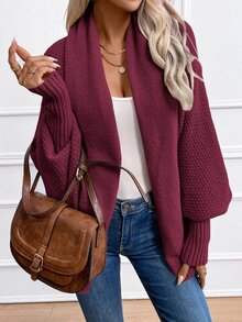 SHEIN LUNE Women's Casual Solid Color Batwing Sleeve Cardigan, Autumn/Winter - Red Violet - View 9