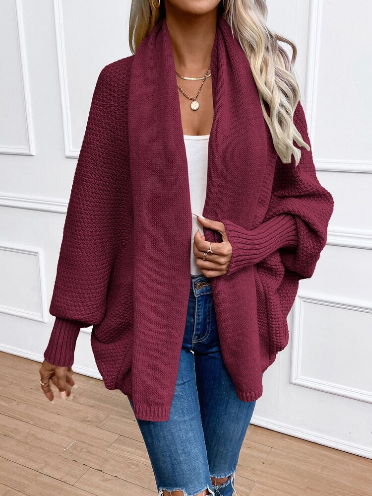 SHEIN LUNE Women's Casual Solid Color Batwing Sleeve Cardigan, Autumn/Winter - Red Violet - View 8