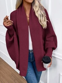 SHEIN LUNE Women's Casual Solid Color Batwing Sleeve Cardigan, Autumn/Winter - Red Violet - View 6