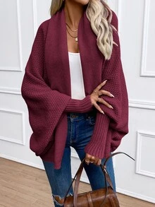 SHEIN LUNE Women's Casual Solid Color Batwing Sleeve Cardigan, Autumn/Winter - Red Violet - View 7