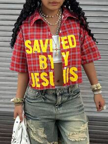 Rovax Plus Size Women Plaid Slogan Print Cropped Drop Shoulder Short Sleeve Shirt - Red - View 3