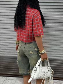 Rovax Plus Size Women Plaid Slogan Print Cropped Drop Shoulder Short Sleeve Shirt - Red - View 2
