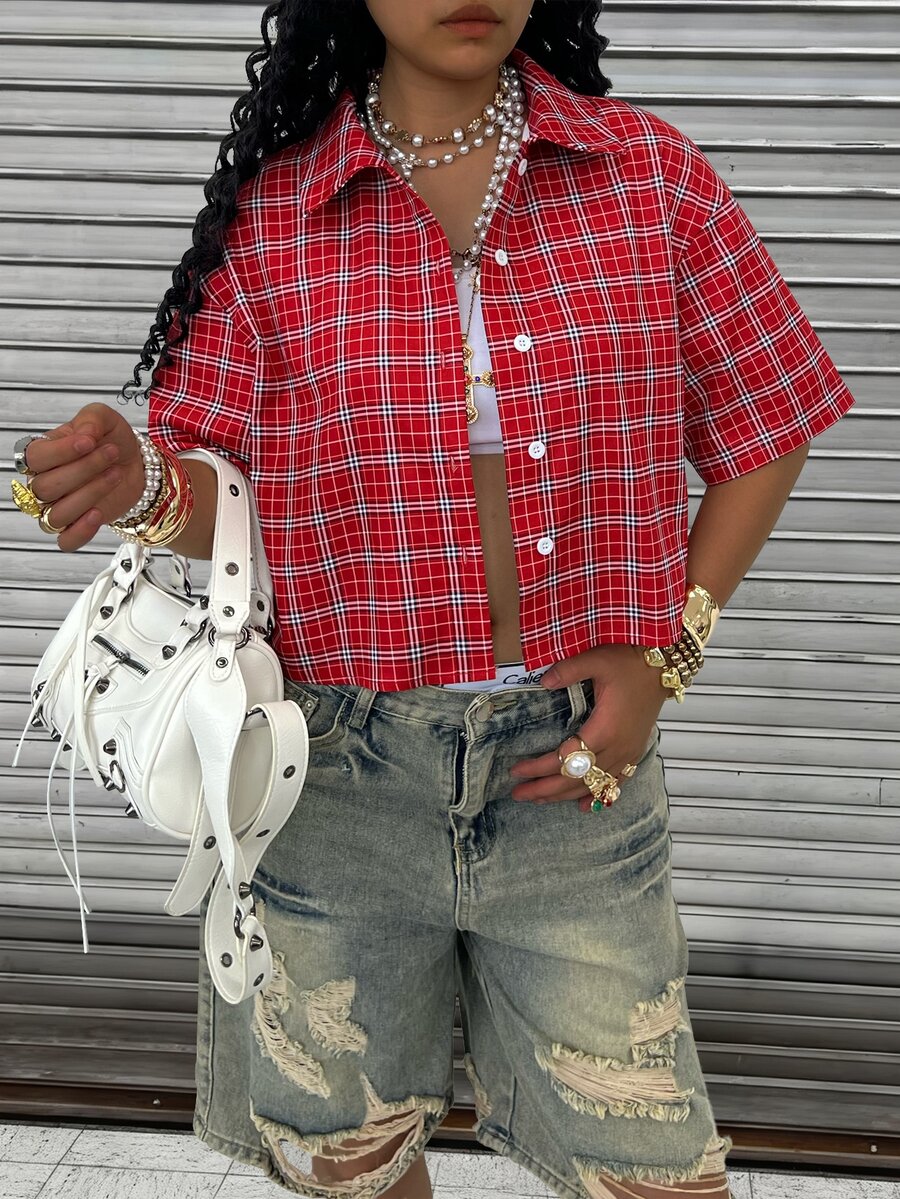 Rovax Women's Plaid Drop Shoulder Short Sleeve Single-Breasted Casual Shirt - Red - View 1
