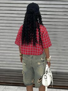 Rovax 女式格子落肩短袖单排扣休闲衬衫 - 紅色 - 查看 2