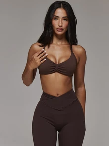 Musera Sport Ruched Bust Logo Side Detail Cross Strap Back Coord Sports Bra Only Sport Essentials Basics Autumn Fall Winter - Coffee Brown - View 3