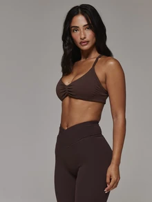 Musera Sport Ruched Bust Logo Side Detail Cross Strap Back Coord Sports Bra Only Sport Essentials Basics Autumn Fall Winter - Coffee Brown - View 4