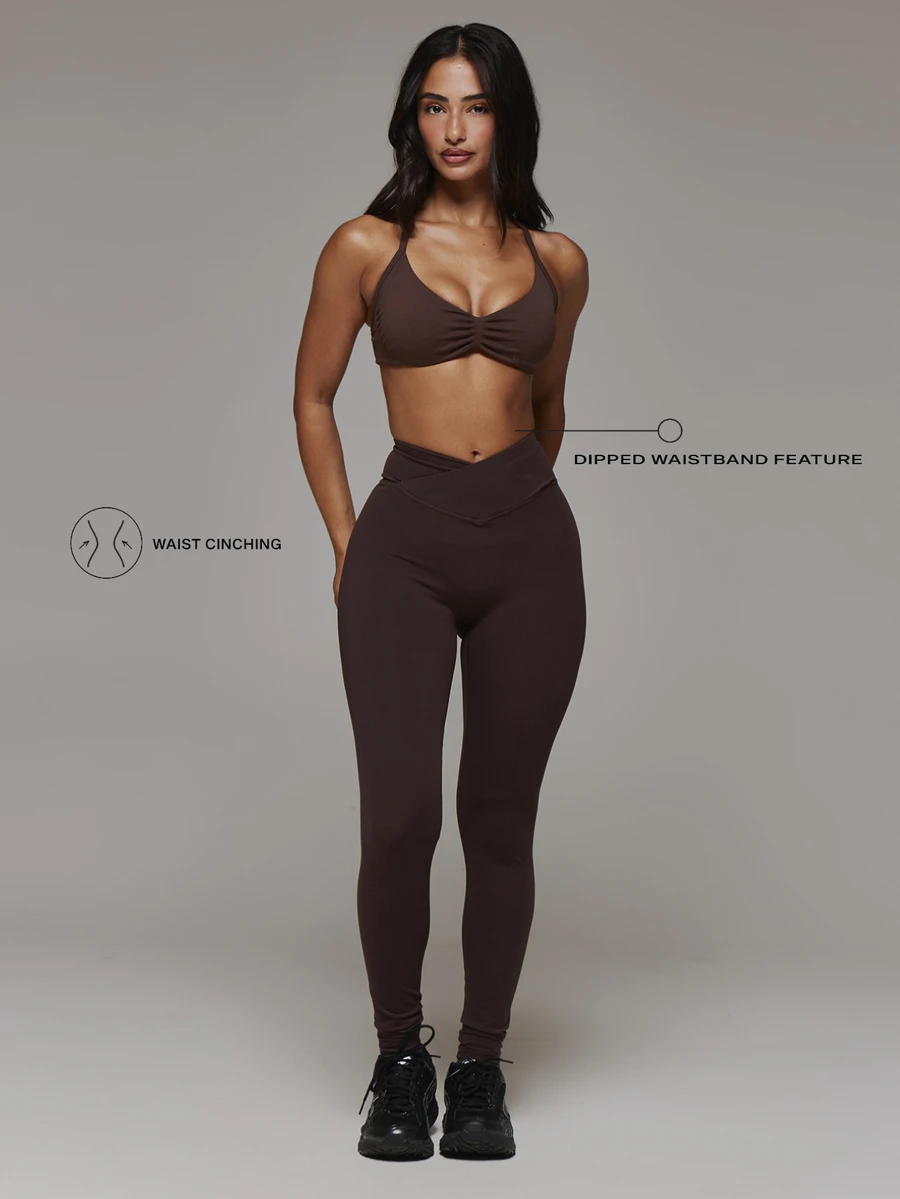 Musera Sport Ruched Bust Logo Side Detail Cross Strap Back Coord Sports Bra Only Sport Essentials Basics Autumn Fall Winter - Coffee Brown - View 1