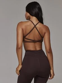 Musera Sport Ruched Bust Logo Side Detail Cross Strap Back Coord Sports Bra Only Sport Essentials Basics Autumn Fall Winter - Coffee Brown - View 5