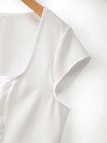 Elenzga Plus Size Women's Solid Color Full Front Single-Breasted Pearl Button Decor Square Neck Cinched Waist A-Line Faux Pocket Fashion Elegant Minimalist Commute Short Dress - White - View 5