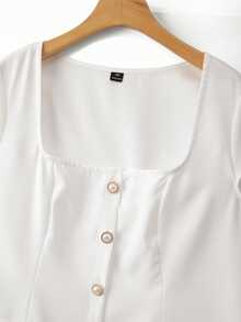Elenzga Plus Size Women's Solid Color Full Front Single-Breasted Pearl Button Decor Square Neck Cinched Waist A-Line Faux Pocket Fashion Elegant Minimalist Commute Short Dress - White - View 6