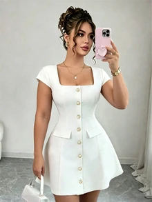 Elenzga Plus Size Women's Solid Color Full Front Single-Breasted Pearl Button Decor Square Neck Cinched Waist A-Line Faux Pocket Fashion Elegant Minimalist Commute Short Dress - White - View 1