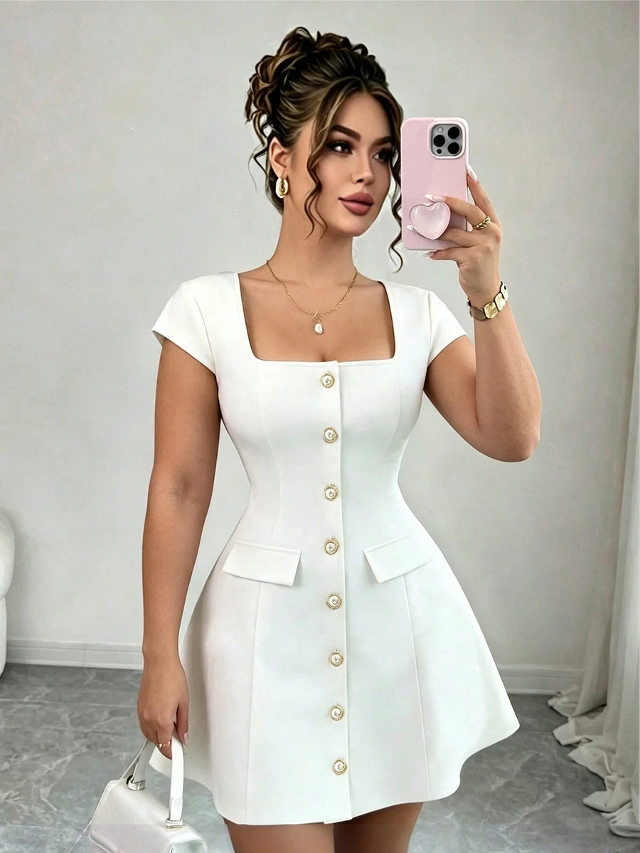 Elenzga Plus Size Women's Solid Color Full Front Single-Breasted Pearl Button Decor Square Neck Cinched Waist A-Line Faux Pocket Fashion Elegant Minimalist Commute Short Dress - White - View 1