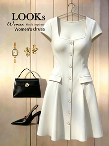 Elenzga Plus Size Women's Solid Color Full Front Single-Breasted Pearl Button Decor Square Neck Cinched Waist A-Line Faux Pocket Fashion Elegant Minimalist Commute Short Dress - White - View 3
