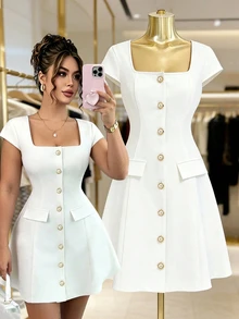 Elenzga Plus Size Women's Solid Color Full Front Single-Breasted Pearl Button Decor Square Neck Cinched Waist A-Line Faux Pocket Fashion Elegant Minimalist Commute Short Dress - White - View 4