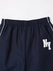 SHEIN 青少年女孩秋季套裝，拉鍊短版連帽外套、純白色細肩帶背心、寬腿運動長褲，校園運動休閒套裝，海軍藍 - 藍色 - 查看 7