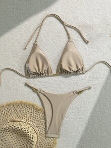 SHEIN Swim 女士夏季沙滩金属装饰圆环性感比基尼套装 - 卡其色 - 查看 2