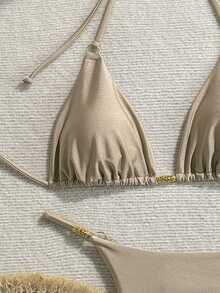 SHEIN Swim 女士夏季沙滩金属装饰圆环性感比基尼套装 - 卡其色 - 查看 3