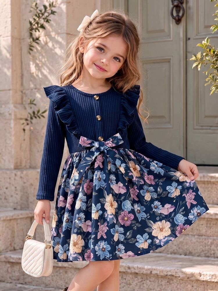 Elladie kids Young Girls Ditsy Floral Dress Rib-Knit Ruffle Long Sleeve Button Front Bowknot A-Line Cute Casual Fall Spring Dresses Navy - Dusty Pink - View 1