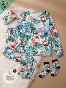 男童 (大號) 像素塗鴉恐龍印花居家服，長袖上衣與短褲 2 件套，柔軟舒適面料，送給男孩子的最佳禮物 - 彩色 - 查看 6