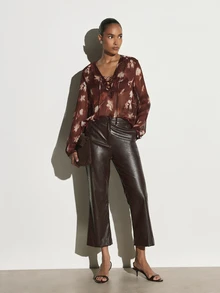 KSTM Floral Chiffon Lace-Up V-Neck Blouse With Puff Long Sleeves Sheer Oversized Fit Fall Winter Boho Style Top - Multicolor - View 3