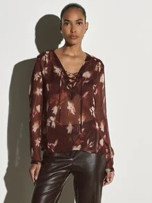 KSTM Floral Chiffon Lace-Up V-Neck Blouse With Puff Long Sleeves Sheer Oversized Fit Fall Winter Boho Style Top - Multicolor - View 4