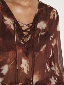 KSTM Floral Chiffon Lace-Up V-Neck Blouse With Puff Long Sleeves Sheer Oversized Fit Fall Winter Boho Style Top - Multicolor - View 6