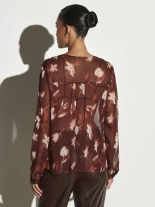 KSTM Floral Chiffon Lace-Up V-Neck Blouse With Puff Long Sleeves Sheer Oversized Fit Fall Winter Boho Style Top - Multicolor - View 2