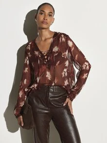 KSTM Floral Chiffon Lace-Up V-Neck Blouse With Puff Long Sleeves Sheer Oversized Fit Fall Winter Boho Style Top - Multicolor - View 5
