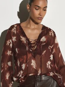 KSTM Floral Chiffon Lace-Up V-Neck Blouse With Puff Long Sleeves Sheer Oversized Fit Fall Winter Boho Style Top - Multicolor - View 1