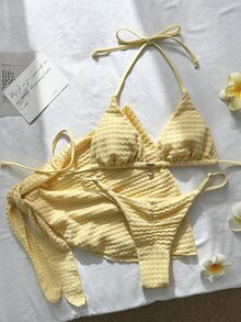 SHEIN Swim 3pcs Women's Jacquard Fabric Halter Metal Decor Elegant Bikini Set, Suitable For Summer/Fall Beach Party Butter Yellow Sexy Tropical - Yellow - View 2