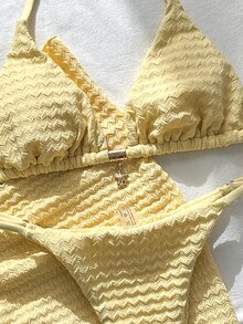 SHEIN Swim 3pcs Women's Jacquard Fabric Halter Metal Decor Elegant Bikini Set, Suitable For Summer/Fall Beach Party Butter Yellow Sexy Tropical - Yellow - View 5