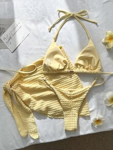 SHEIN Swim 3pcs Women's Jacquard Fabric Halter Metal Decor Elegant Bikini Set, Suitable For Summer/Fall Beach Party Butter Yellow Sexy Tropical - Yellow - View 4