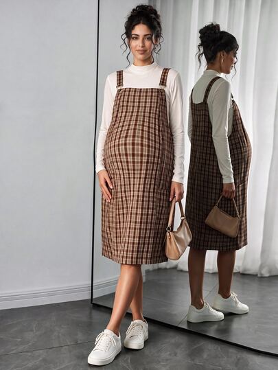 Momance Black And White Houndstooth Elegant Maternity Pinafore Dress, Casual Sweet Style With Pockets And Adjustable Straps, Suitable For Pregnant Women, Autumn/Winter
