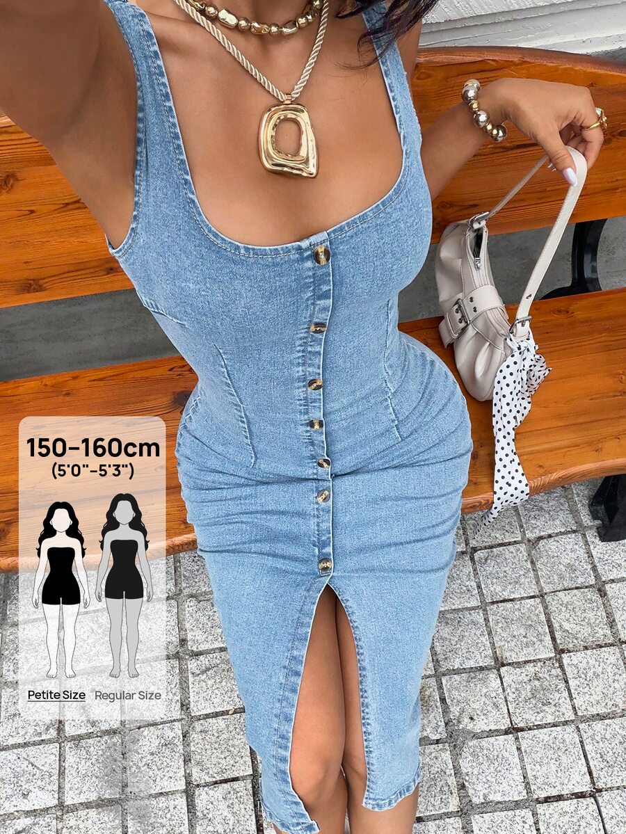 Rivivi Petite 時尚休閒水洗牛仔前開衩女款牛仔洋裝 - 淺色水洗藍 - 查看 1