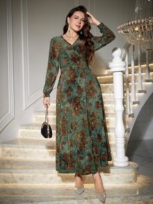 Reflora Plus Size Women's Jacquard V-Neck Long Sleeve Elegant Dress Christmas - Dark Green - View 5