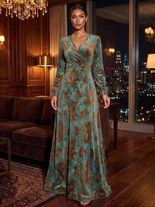 Reflora Plus Size Women's Jacquard V-Neck Long Sleeve Elegant Dress Christmas - Dark Green - View 2