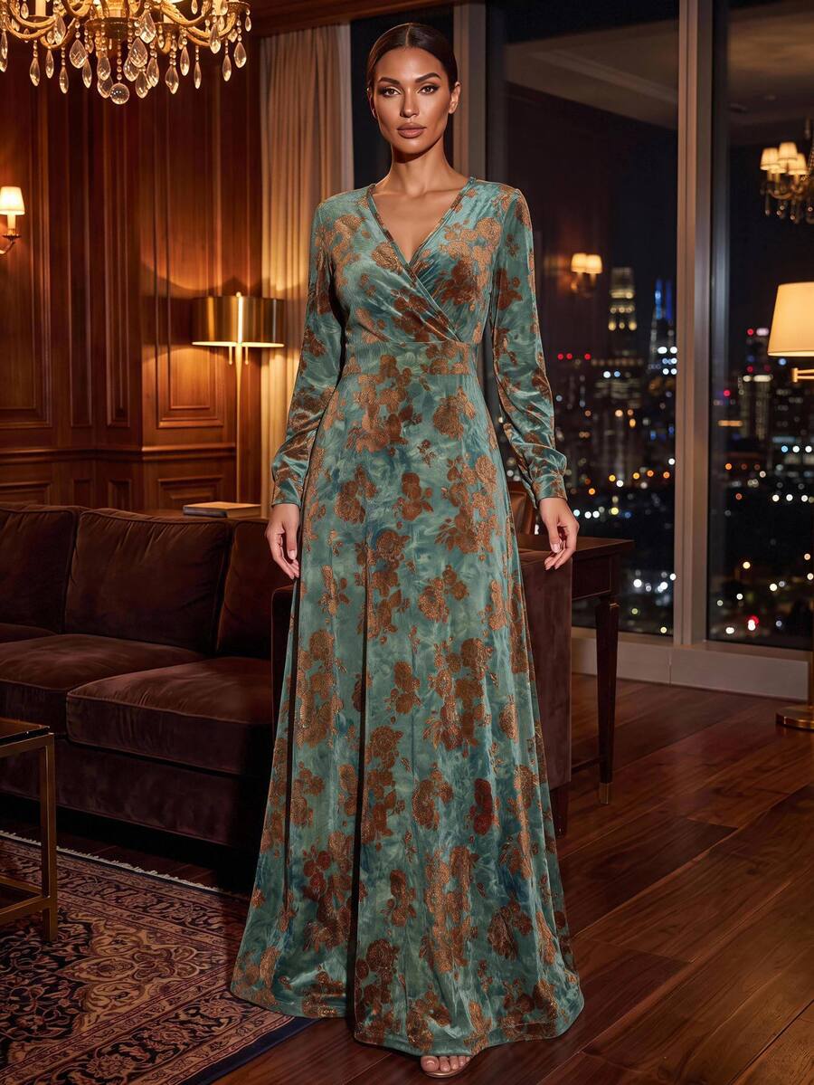 Reflora Plus Size Women's Jacquard V-Neck Long Sleeve Elegant Dress Christmas