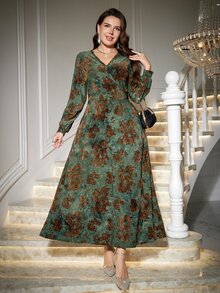 Reflora Plus Size Women's Jacquard V-Neck Long Sleeve Elegant Dress Christmas - Dark Green - View 6