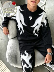 圓領長袖運動衫與長褲套裝，高品質時尚數位印花，適合男孩秋季穿著，舒適極簡休閒街頭風日常穿搭 - 彩色 - 查看 6