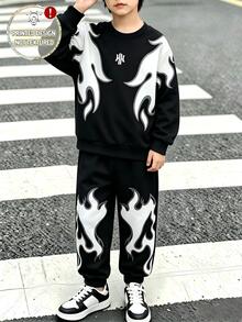 圓領長袖運動衫與長褲套裝，高品質時尚數位印花，適合男孩秋季穿著，舒適極簡休閒街頭風日常穿搭 - 彩色 - 查看 1