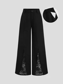 Sweetra Women's Lace Patchwork Commuter Office Work Low Waist Flare Slim Fit Long Pants Black Summer Classy Elegant - Black - View 1