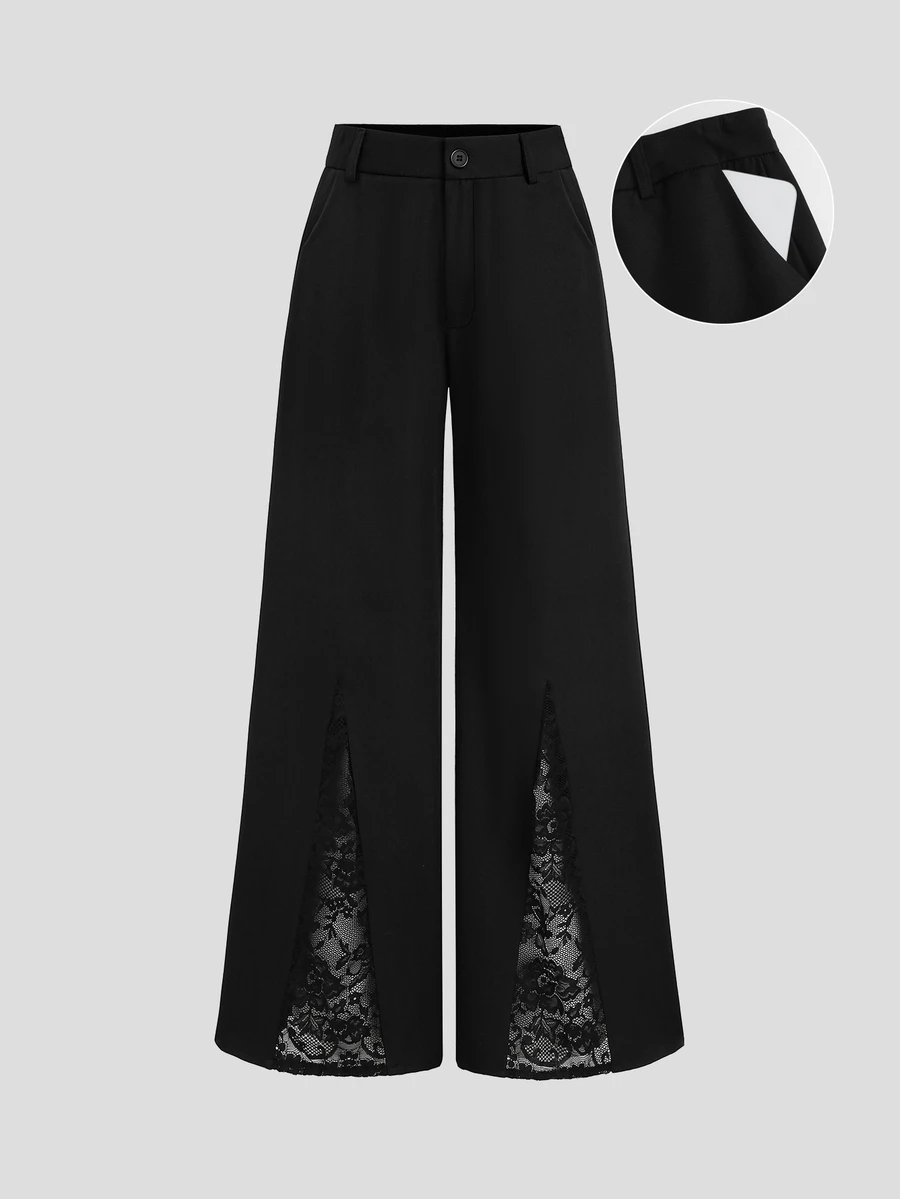 Sweetra Women's Lace Patchwork Commuter Office Work Low Waist Flare Slim Fit Long Pants Black Summer Classy Elegant - Black - View 1
