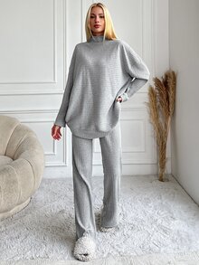 SHEIN تي شيرت بياقة قمعية وأكتاف منسدلة من القطن & بنطال - رمادي فاتح - مشاهدة 3